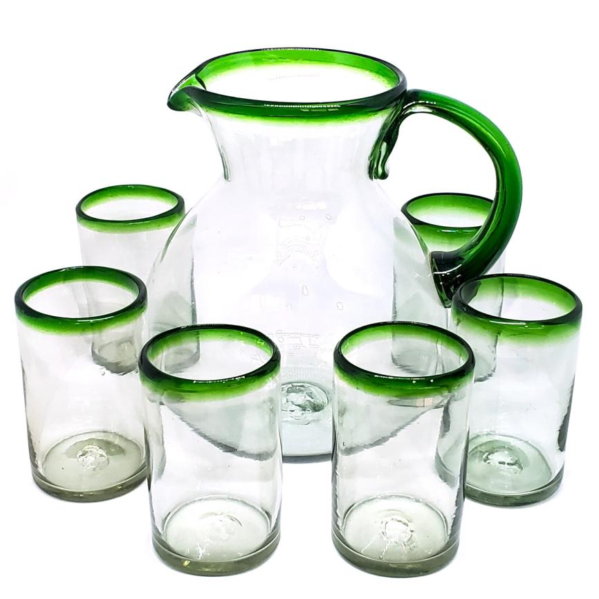 MEXICAN GLASSWARE / Emerald Green Rim 120 oz Pitcher and 6 Drinking Glasses set / Bordered in beautiful emerald green, this classic pitcher and glasses set will bring a colorful touch to your table.